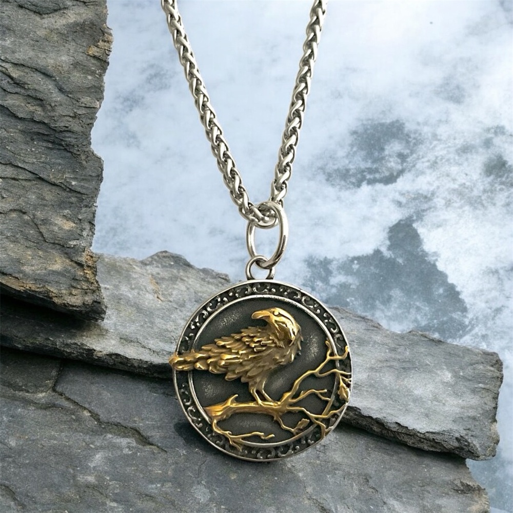 Large Stainless Steel Viking Style Men’s Raven Pendant Necklace